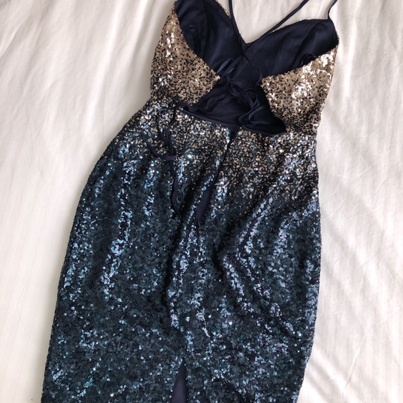 COCKTAIL STRAPPY BACKLESS NAVY TO GOLD OMBRE SEQUIN MINI DRESS - Picture 4 of 11